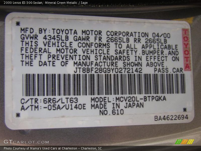 Mineral Green Metallic / Sage 2000 Lexus ES 300 Sedan