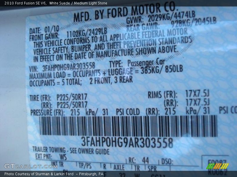 White Suede / Medium Light Stone 2010 Ford Fusion SE V6