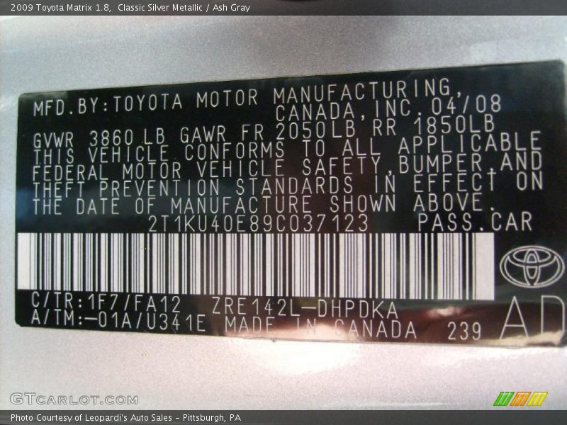 Classic Silver Metallic / Ash Gray 2009 Toyota Matrix 1.8