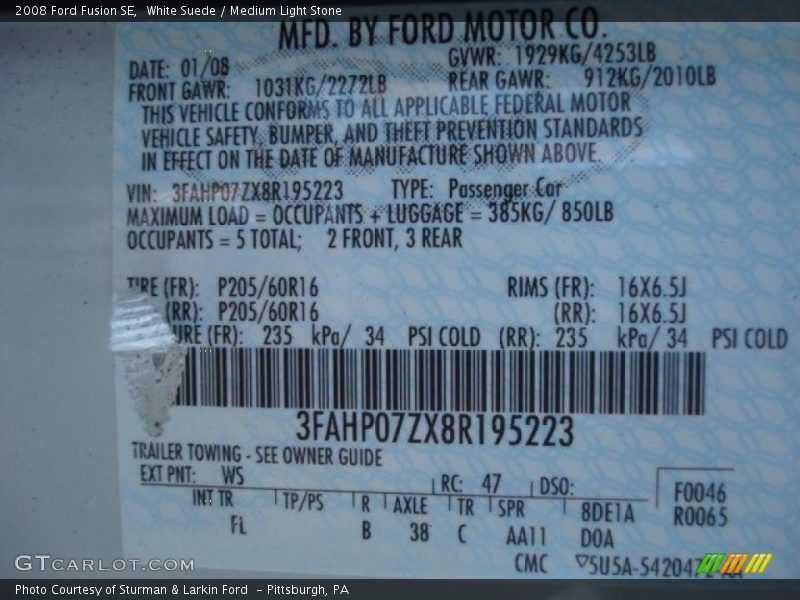 White Suede / Medium Light Stone 2008 Ford Fusion SE