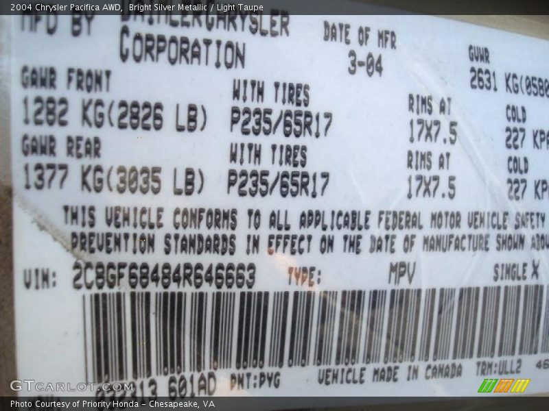 Bright Silver Metallic / Light Taupe 2004 Chrysler Pacifica AWD