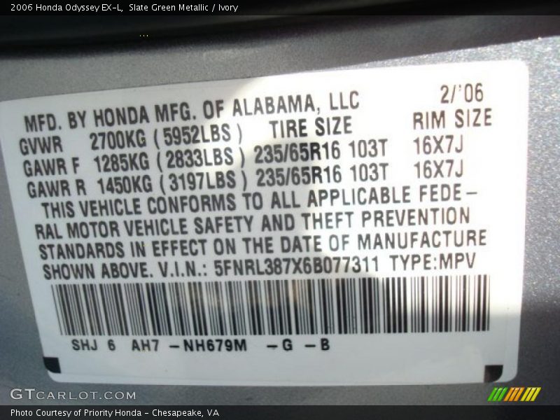 Slate Green Metallic / Ivory 2006 Honda Odyssey EX-L