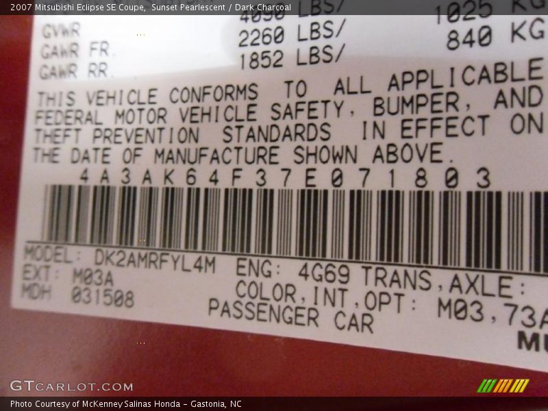 Sunset Pearlescent / Dark Charcoal 2007 Mitsubishi Eclipse SE Coupe