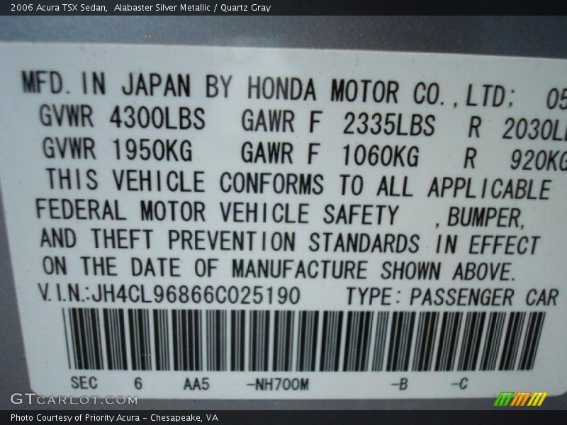 Alabaster Silver Metallic / Quartz Gray 2006 Acura TSX Sedan