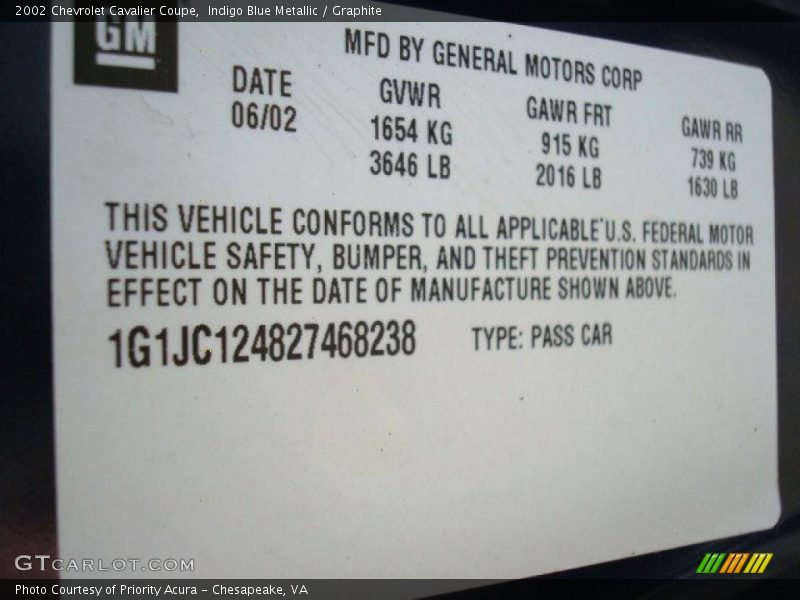 Indigo Blue Metallic / Graphite 2002 Chevrolet Cavalier Coupe