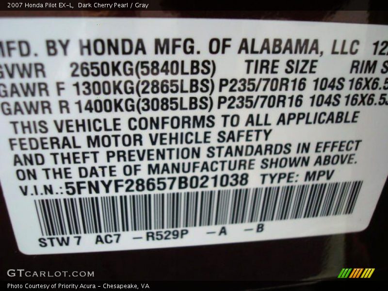 Dark Cherry Pearl / Gray 2007 Honda Pilot EX-L