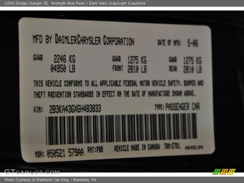 Midnight Blue Pearl / Dark Slate Gray/Light Graystone 2006 Dodge Charger SE