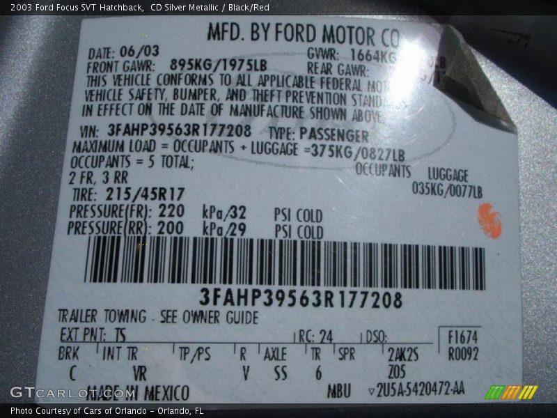 CD Silver Metallic / Black/Red 2003 Ford Focus SVT Hatchback