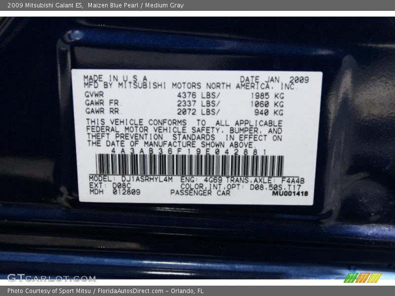 Maizen Blue Pearl / Medium Gray 2009 Mitsubishi Galant ES