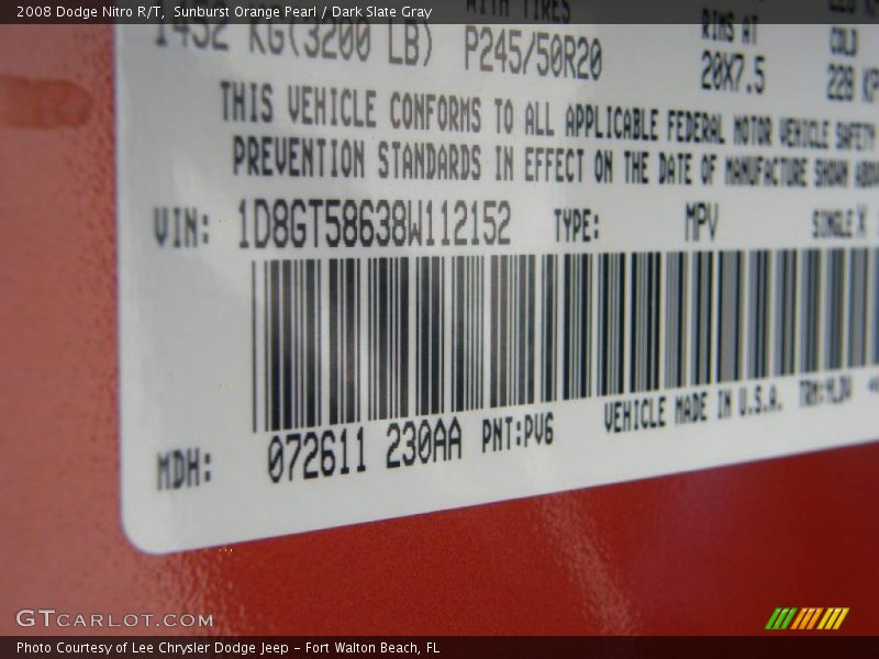 2008 Nitro R/T Sunburst Orange Pearl Color Code PV6