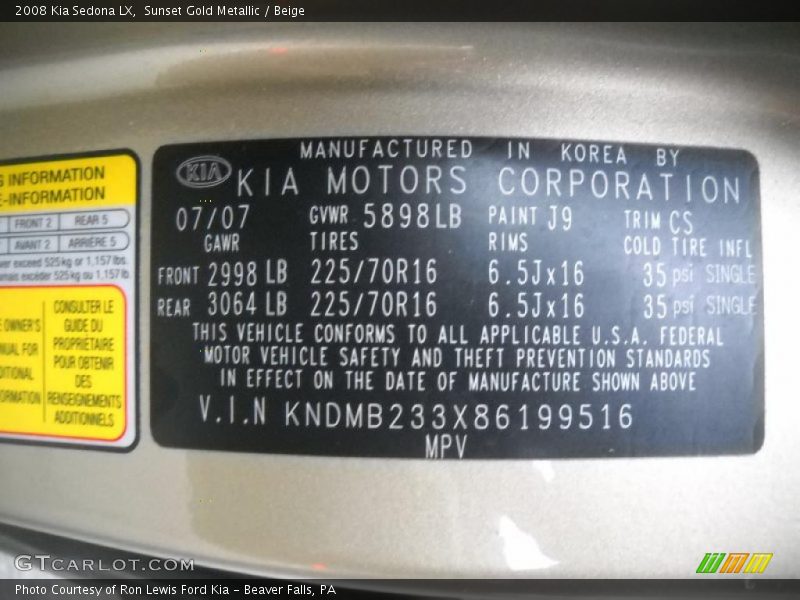 Sunset Gold Metallic / Beige 2008 Kia Sedona LX