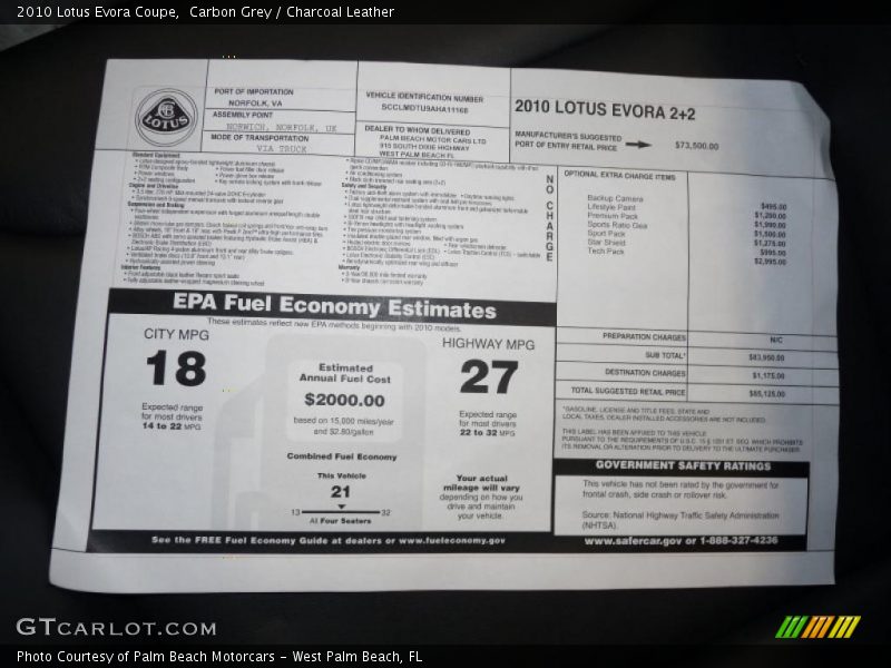  2010 Evora Coupe Window Sticker