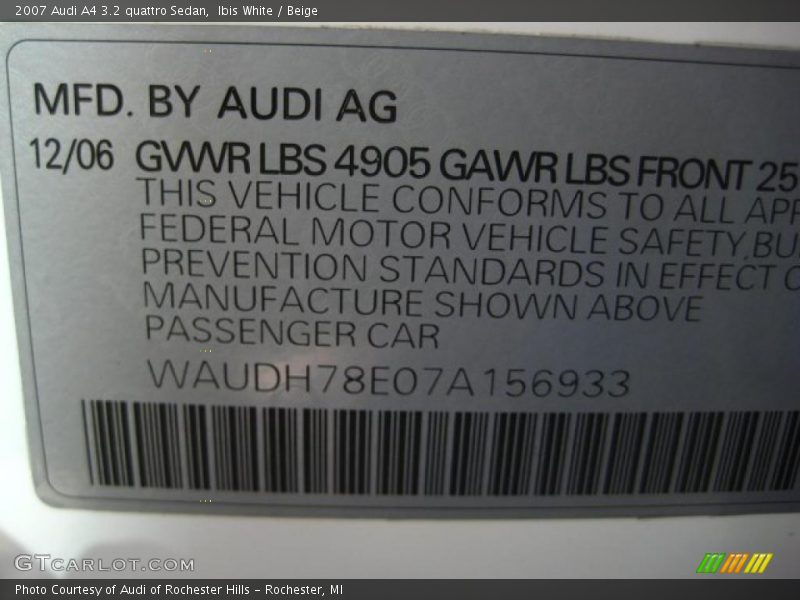 Ibis White / Beige 2007 Audi A4 3.2 quattro Sedan