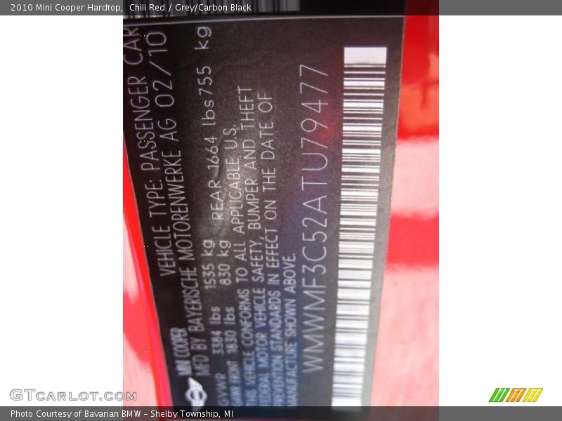Chili Red / Grey/Carbon Black 2010 Mini Cooper Hardtop