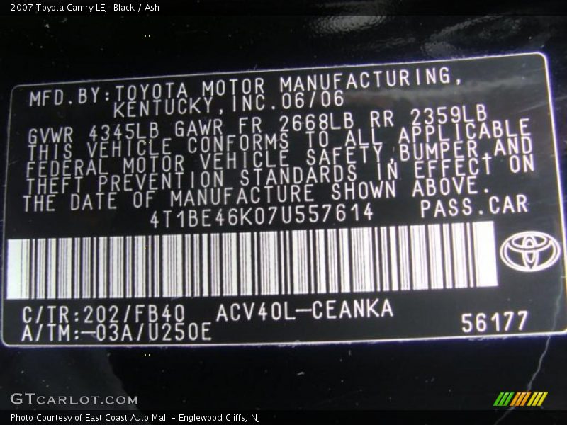 Black / Ash 2007 Toyota Camry LE