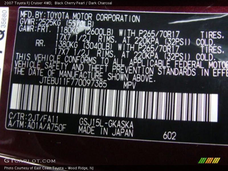 Black Cherry Pearl / Dark Charcoal 2007 Toyota FJ Cruiser 4WD