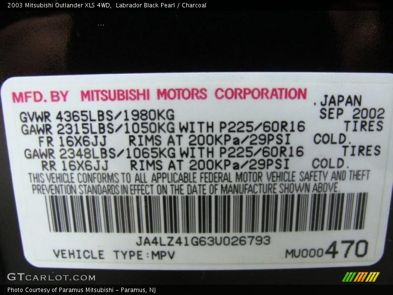 Labrador Black Pearl / Charcoal 2003 Mitsubishi Outlander XLS 4WD