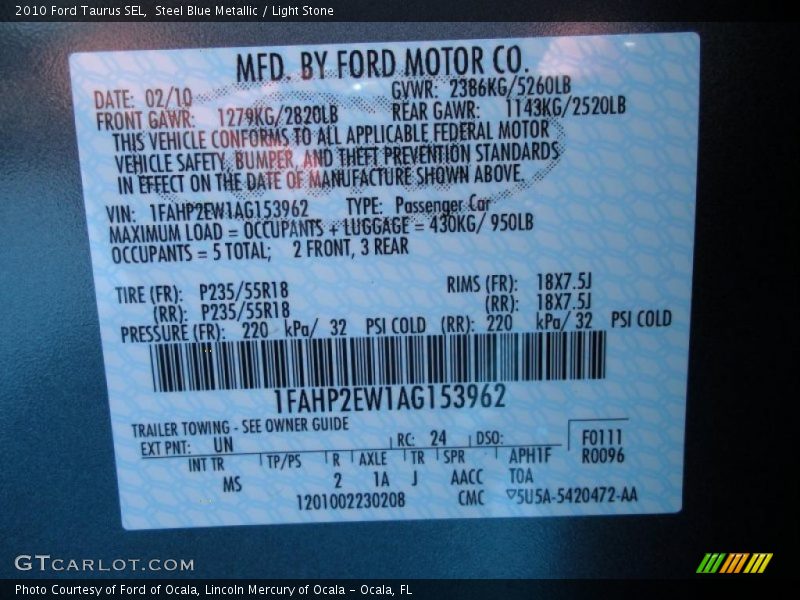 2010 Taurus SEL Steel Blue Metallic Color Code UN