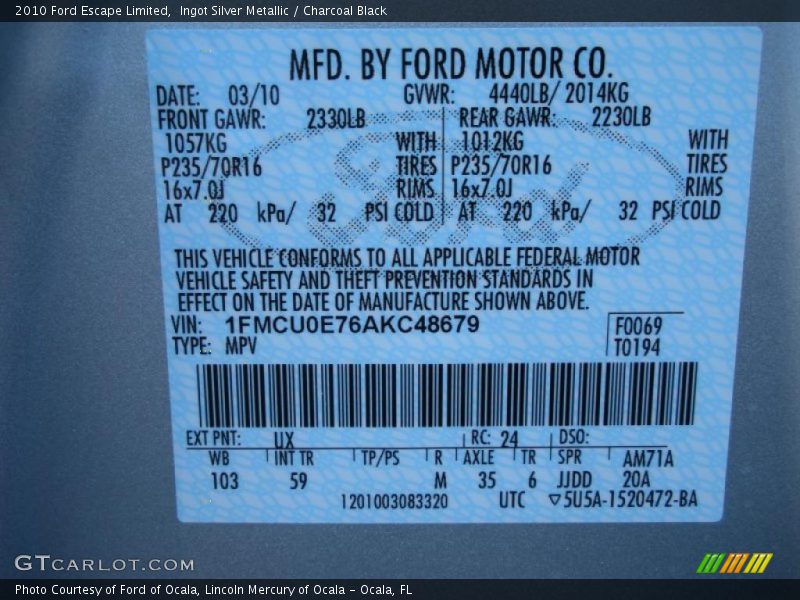 Ingot Silver Metallic / Charcoal Black 2010 Ford Escape Limited