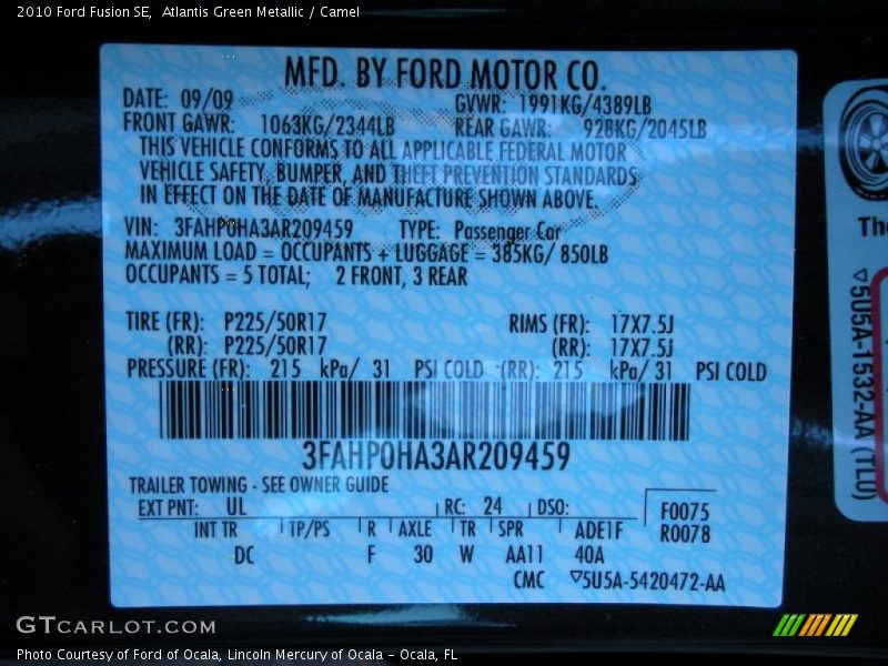 Atlantis Green Metallic / Camel 2010 Ford Fusion SE
