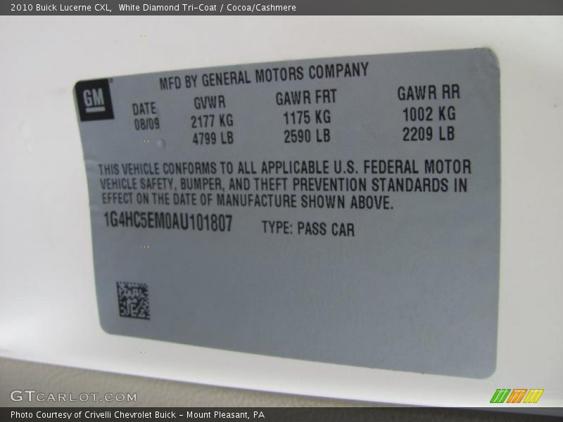 White Diamond Tri-Coat / Cocoa/Cashmere 2010 Buick Lucerne CXL