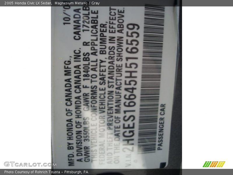 Magnesium Metallic / Gray 2005 Honda Civic LX Sedan