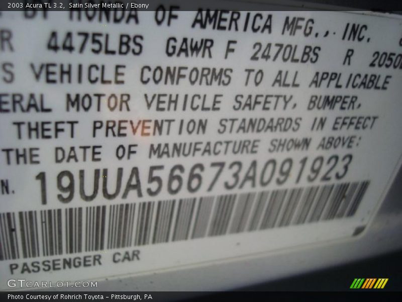 Satin Silver Metallic / Ebony 2003 Acura TL 3.2