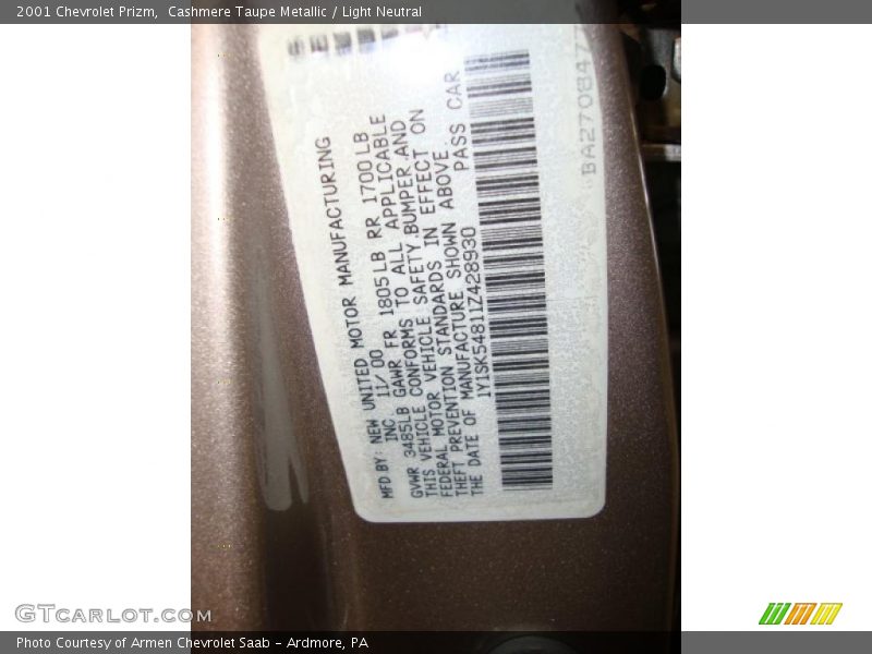 Cashmere Taupe Metallic / Light Neutral 2001 Chevrolet Prizm