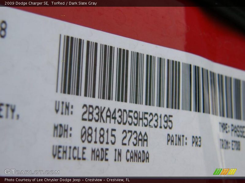 TorRed / Dark Slate Gray 2009 Dodge Charger SE