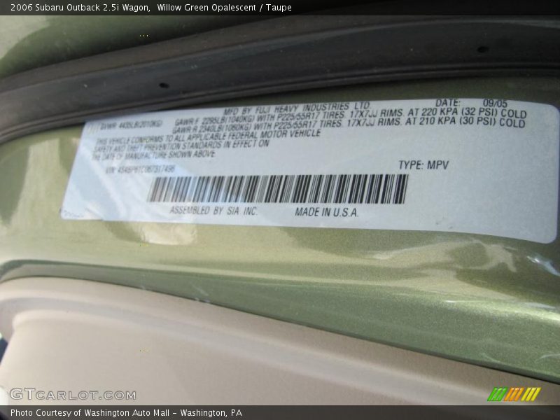 Willow Green Opalescent / Taupe 2006 Subaru Outback 2.5i Wagon