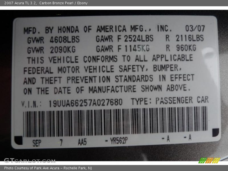 Carbon Bronze Pearl / Ebony 2007 Acura TL 3.2