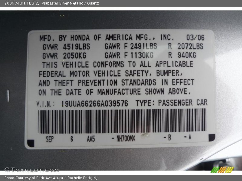 Alabaster Silver Metallic / Quartz 2006 Acura TL 3.2