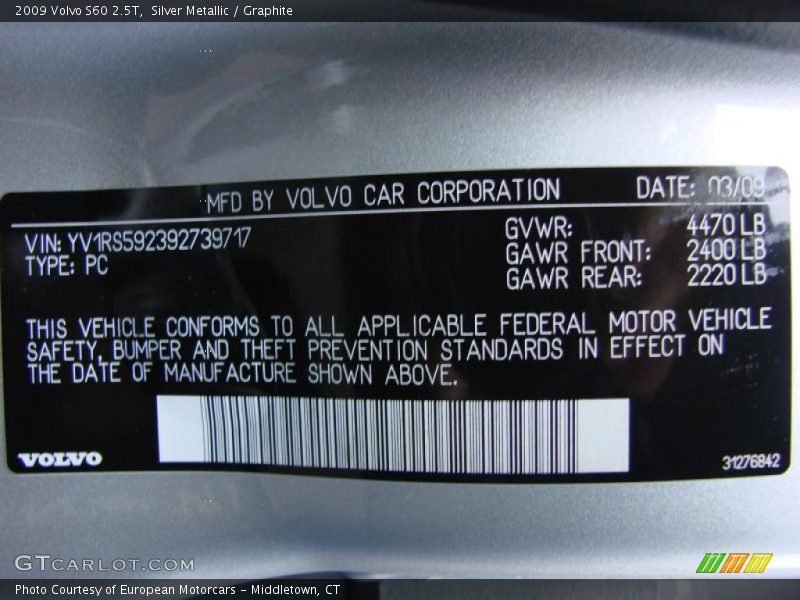 Silver Metallic / Graphite 2009 Volvo S60 2.5T