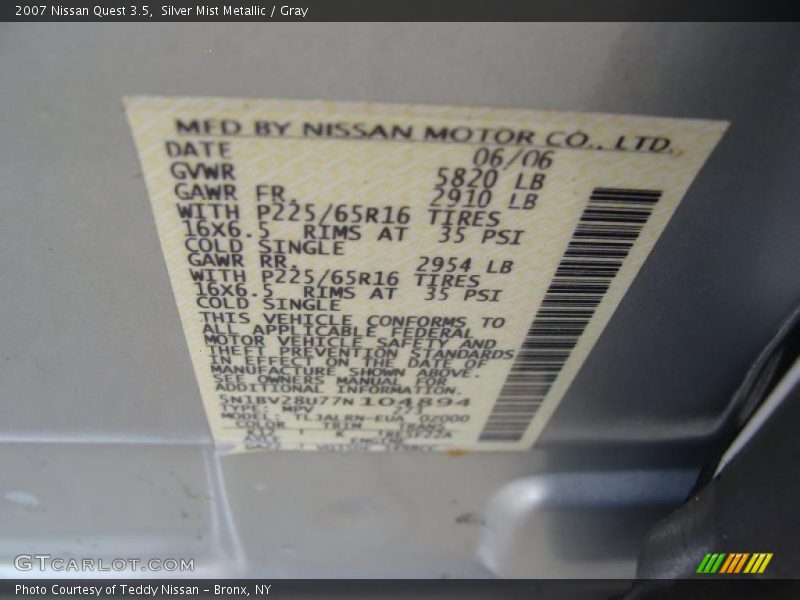 Silver Mist Metallic / Gray 2007 Nissan Quest 3.5