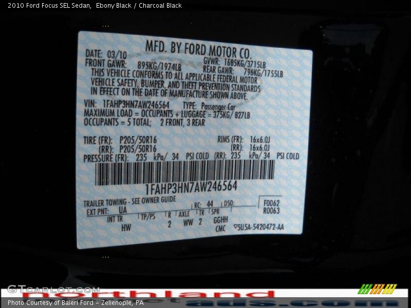 Ebony Black / Charcoal Black 2010 Ford Focus SEL Sedan