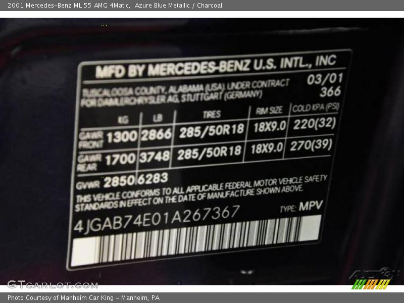 Azure Blue Metallic / Charcoal 2001 Mercedes-Benz ML 55 AMG 4Matic