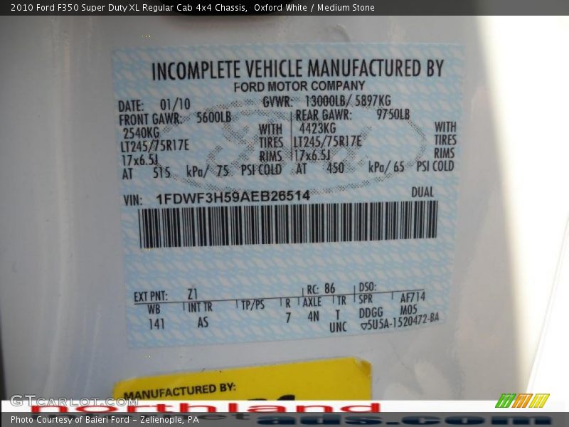 Oxford White / Medium Stone 2010 Ford F350 Super Duty XL Regular Cab 4x4 Chassis