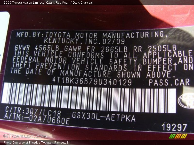 Cassis Red Pearl / Dark Charcoal 2009 Toyota Avalon Limited