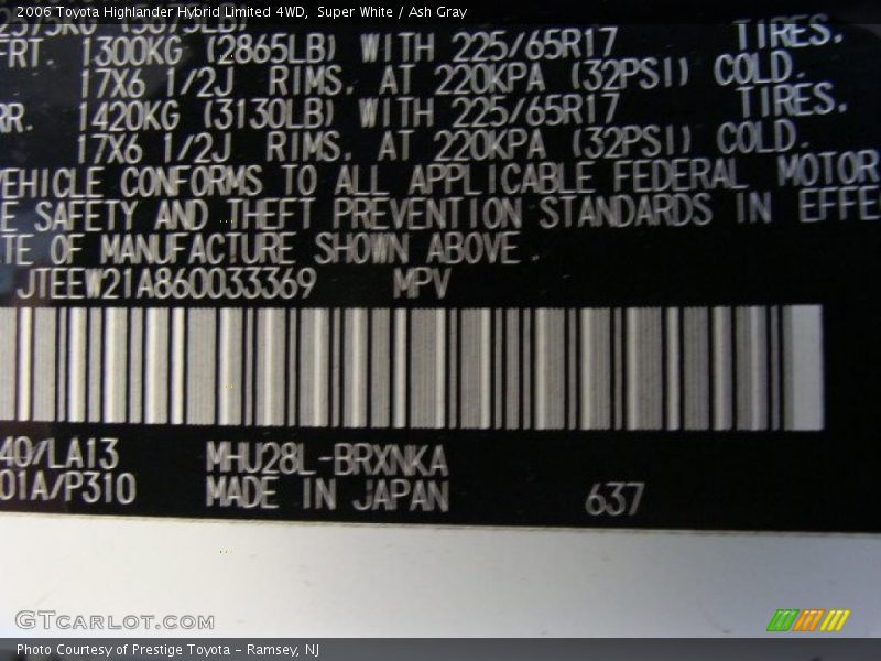 Super White / Ash Gray 2006 Toyota Highlander Hybrid Limited 4WD