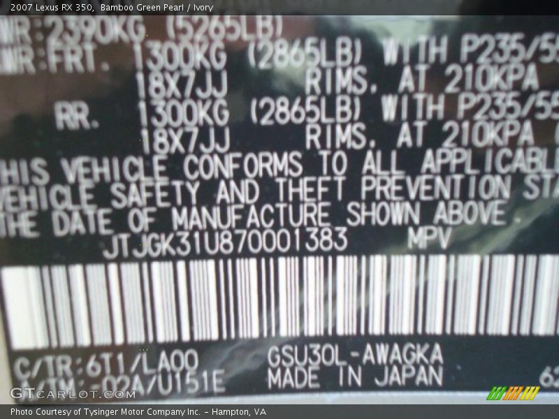 Bamboo Green Pearl / Ivory 2007 Lexus RX 350