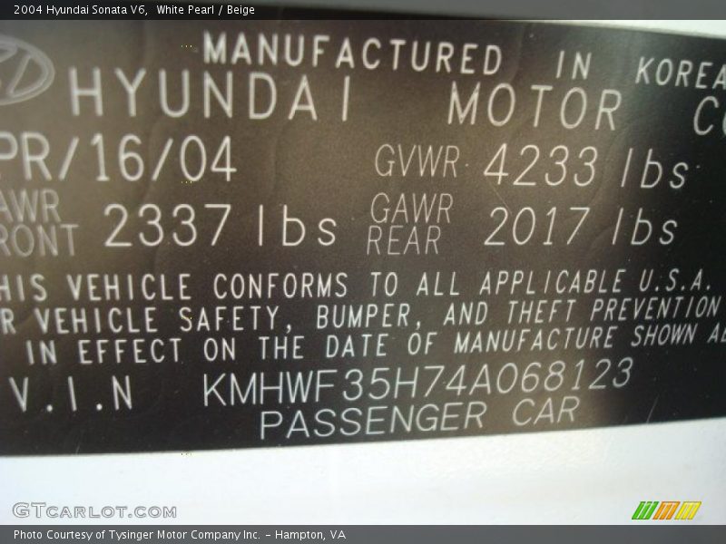 White Pearl / Beige 2004 Hyundai Sonata V6