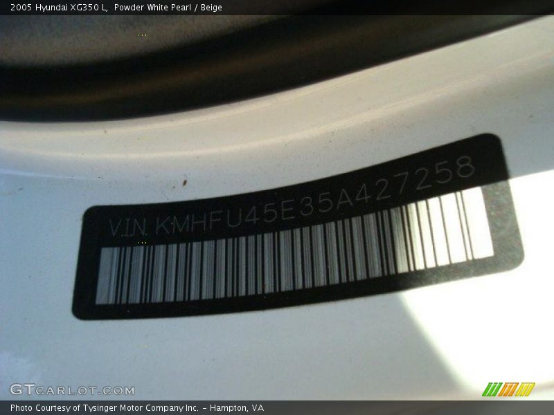Powder White Pearl / Beige 2005 Hyundai XG350 L