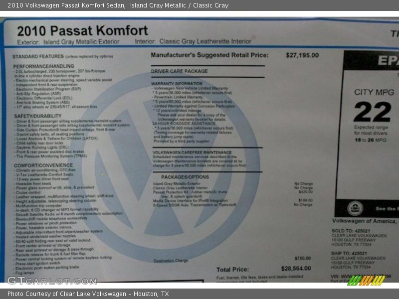 Island Gray Metallic / Classic Gray 2010 Volkswagen Passat Komfort Sedan