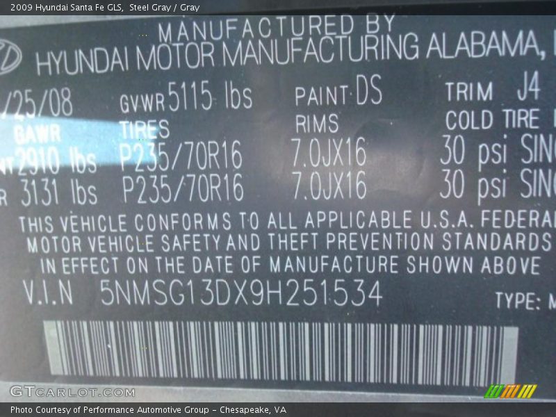 Steel Gray / Gray 2009 Hyundai Santa Fe GLS