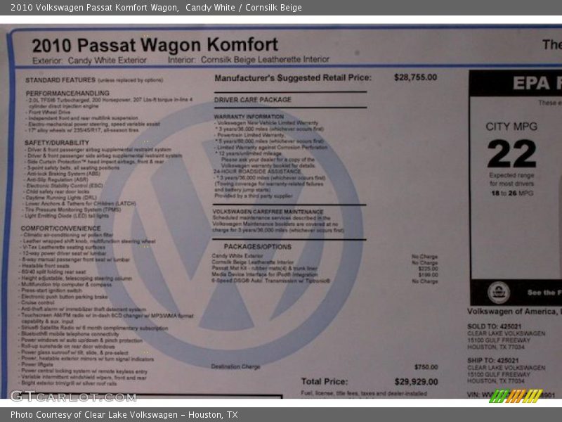 Candy White / Cornsilk Beige 2010 Volkswagen Passat Komfort Wagon