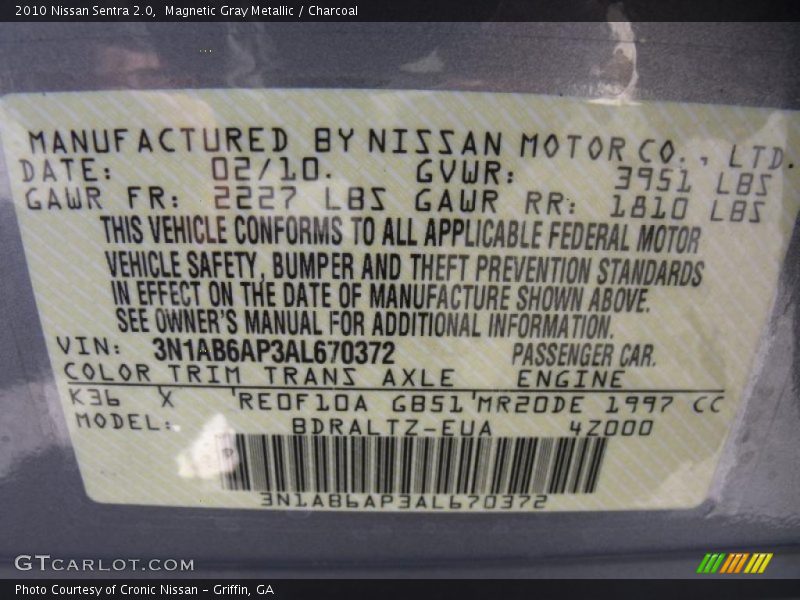 Magnetic Gray Metallic / Charcoal 2010 Nissan Sentra 2.0