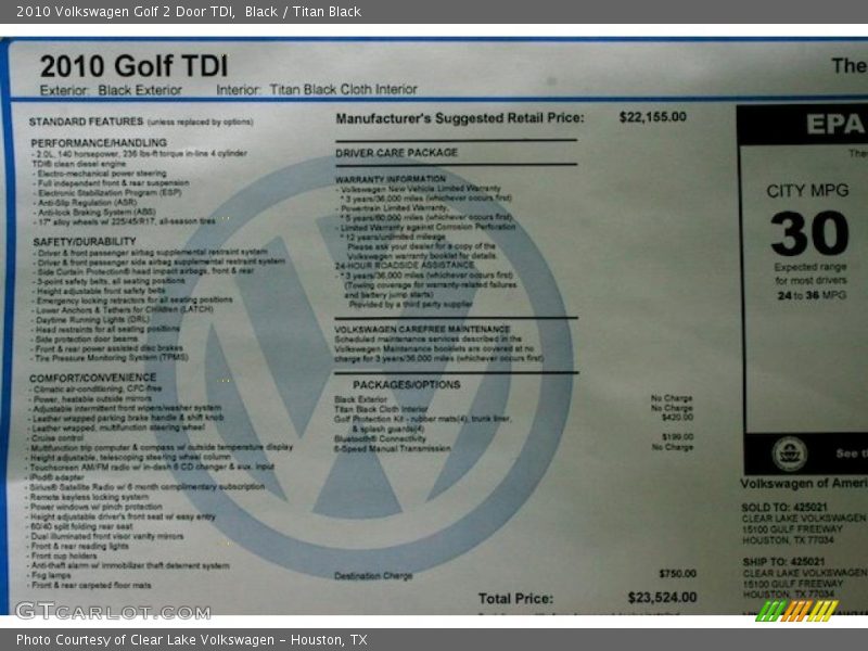 Black / Titan Black 2010 Volkswagen Golf 2 Door TDI