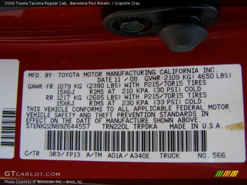 Barcelona Red Metallic / Graphite Gray 2009 Toyota Tacoma Regular Cab