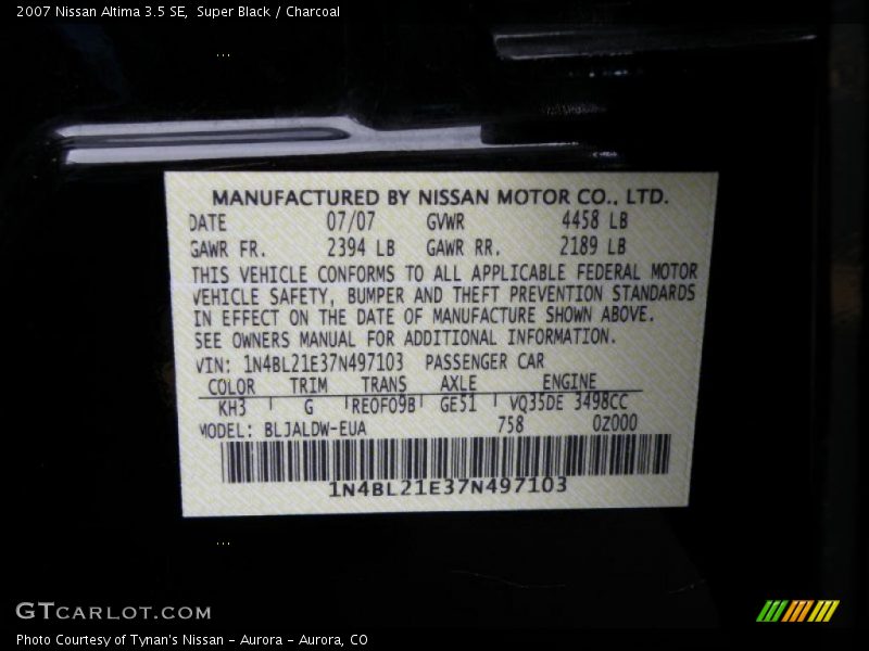 Super Black / Charcoal 2007 Nissan Altima 3.5 SE