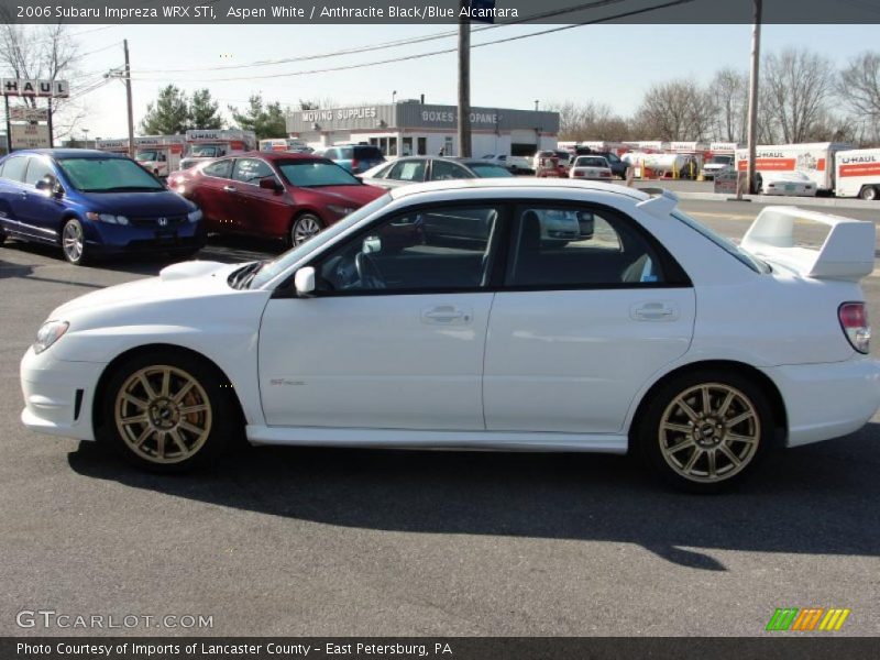 Aspen White / Anthracite Black/Blue Alcantara 2006 Subaru Impreza WRX STi